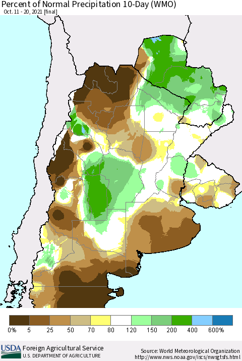 Southern South America Percent of Normal Precipitation 10-Day (WMO) Thematic Map For 10/11/2021 - 10/20/2021