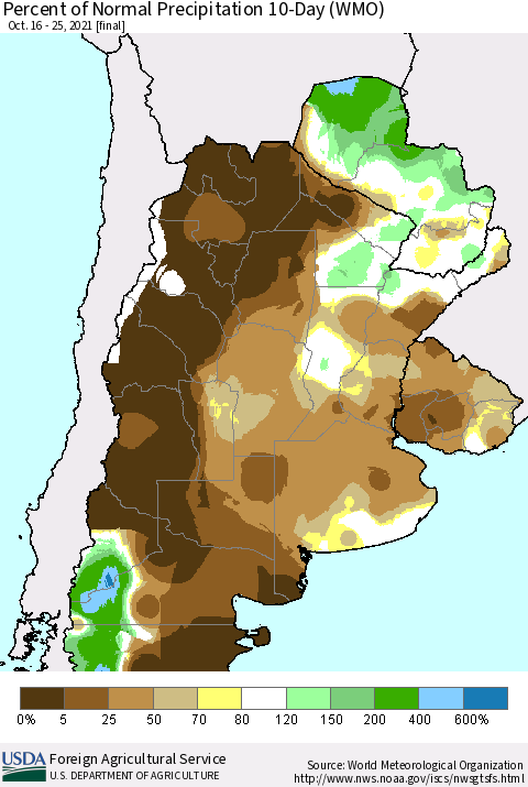 Southern South America Percent of Normal Precipitation 10-Day (WMO) Thematic Map For 10/16/2021 - 10/25/2021