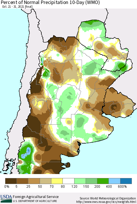 Southern South America Percent of Normal Precipitation 10-Day (WMO) Thematic Map For 10/21/2021 - 10/31/2021