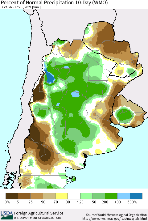 Southern South America Percent of Normal Precipitation 10-Day (WMO) Thematic Map For 10/26/2021 - 11/5/2021
