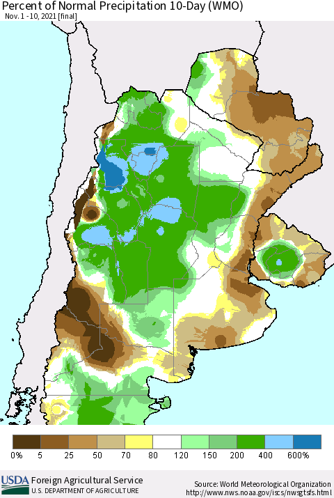 Southern South America Percent of Normal Precipitation 10-Day (WMO) Thematic Map For 11/1/2021 - 11/10/2021