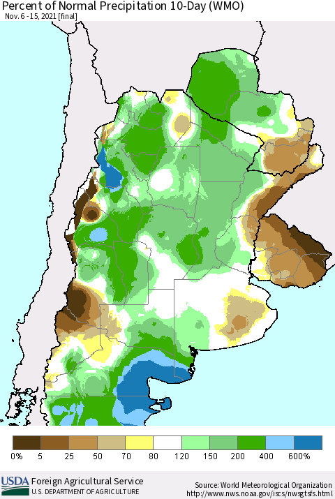 Southern South America Percent of Normal Precipitation 10-Day (WMO) Thematic Map For 11/6/2021 - 11/15/2021