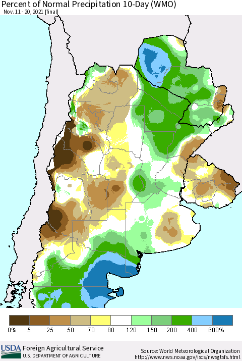 Southern South America Percent of Normal Precipitation 10-Day (WMO) Thematic Map For 11/11/2021 - 11/20/2021