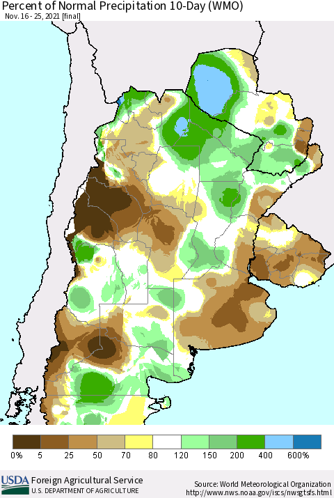 Southern South America Percent of Normal Precipitation 10-Day (WMO) Thematic Map For 11/16/2021 - 11/25/2021
