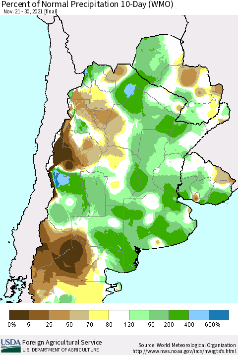 Southern South America Percent of Normal Precipitation 10-Day (WMO) Thematic Map For 11/21/2021 - 11/30/2021