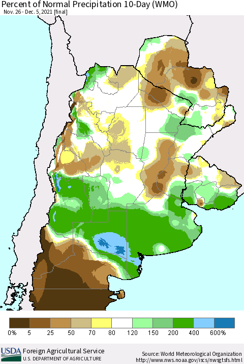 Southern South America Percent of Normal Precipitation 10-Day (WMO) Thematic Map For 11/26/2021 - 12/5/2021