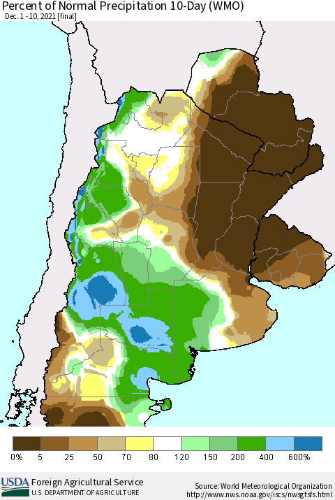 Southern South America Percent of Normal Precipitation 10-Day (WMO) Thematic Map For 12/1/2021 - 12/10/2021