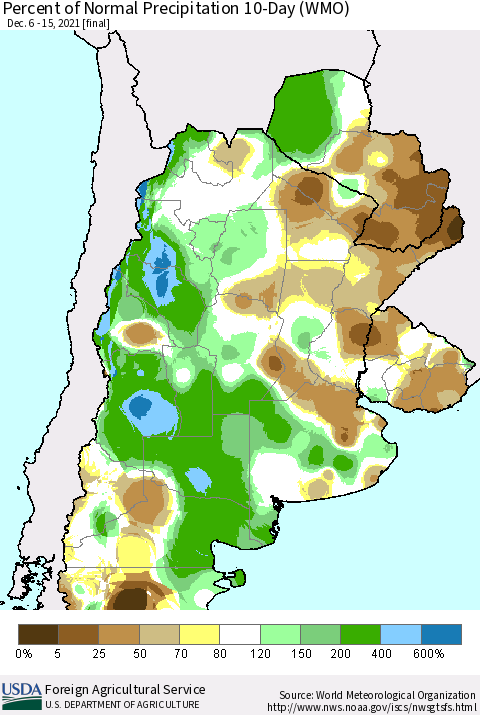 Southern South America Percent of Normal Precipitation 10-Day (WMO) Thematic Map For 12/6/2021 - 12/15/2021
