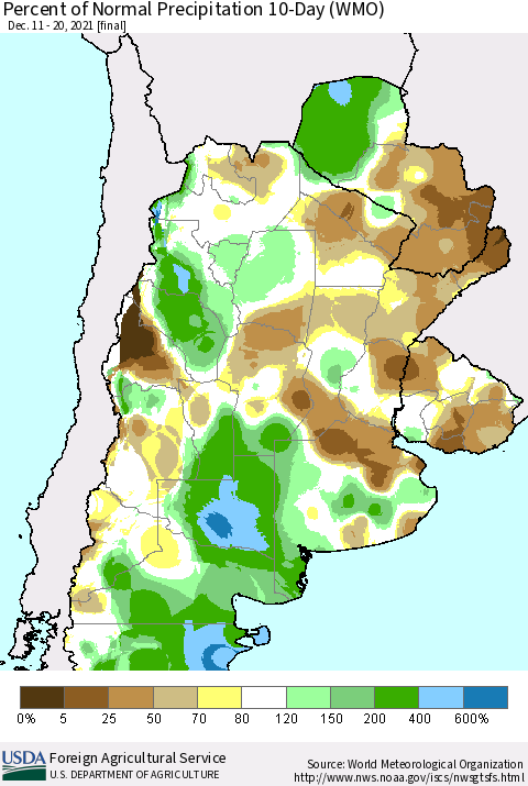 Southern South America Percent of Normal Precipitation 10-Day (WMO) Thematic Map For 12/11/2021 - 12/20/2021