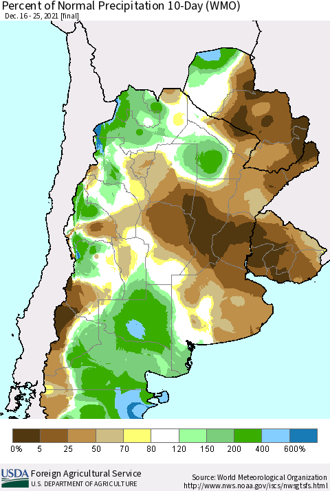 Southern South America Percent of Normal Precipitation 10-Day (WMO) Thematic Map For 12/16/2021 - 12/25/2021