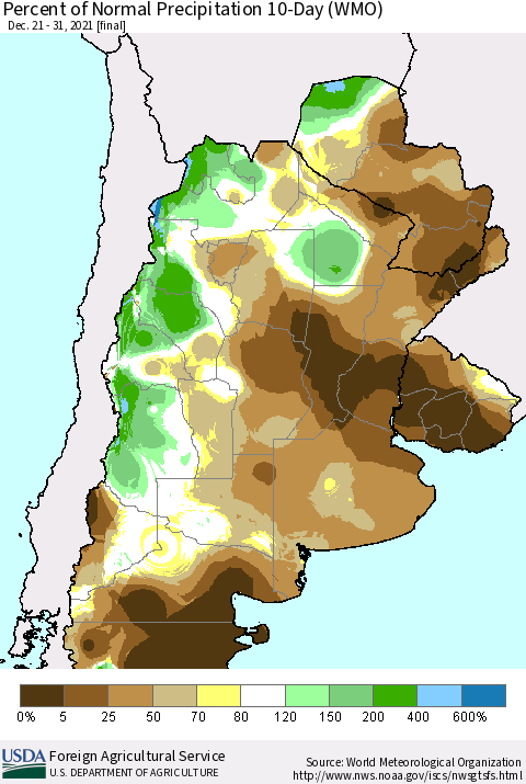 Southern South America Percent of Normal Precipitation 10-Day (WMO) Thematic Map For 12/21/2021 - 12/31/2021