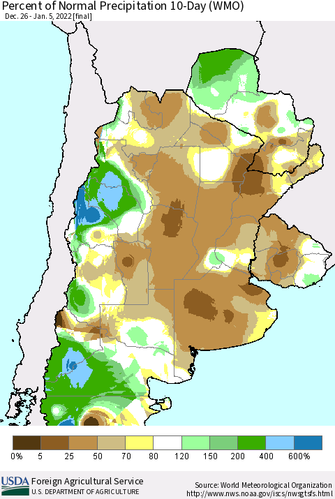 Southern South America Percent of Normal Precipitation 10-Day (WMO) Thematic Map For 12/26/2021 - 1/5/2022