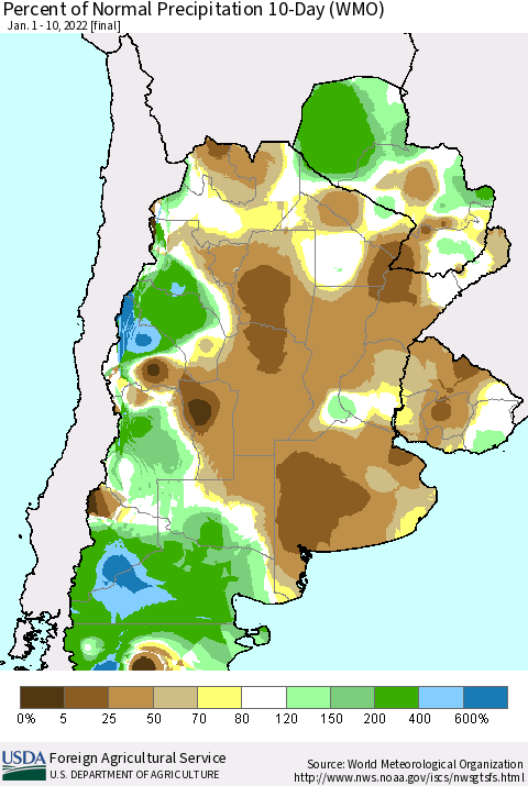 Southern South America Percent of Normal Precipitation 10-Day (WMO) Thematic Map For 1/1/2022 - 1/10/2022