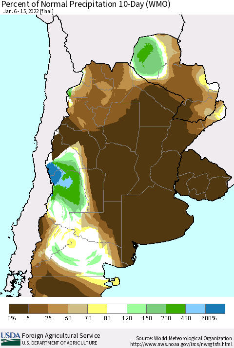 Southern South America Percent of Normal Precipitation 10-Day (WMO) Thematic Map For 1/6/2022 - 1/15/2022
