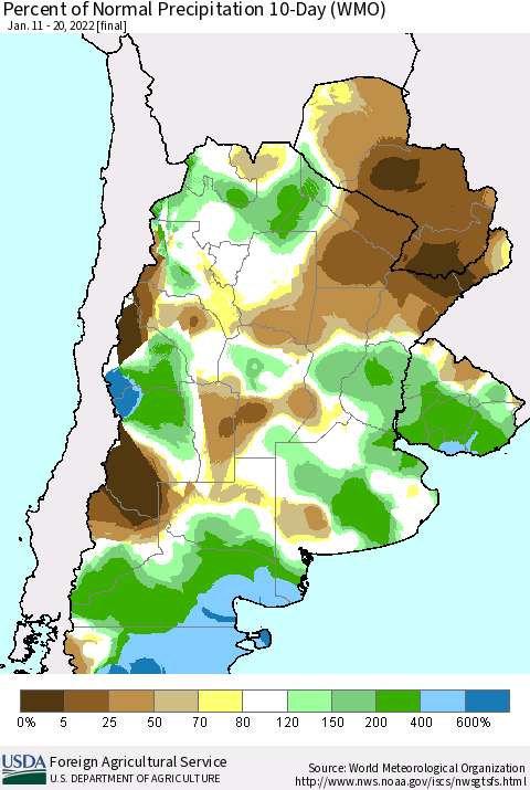 Southern South America Percent of Normal Precipitation 10-Day (WMO) Thematic Map For 1/11/2022 - 1/20/2022
