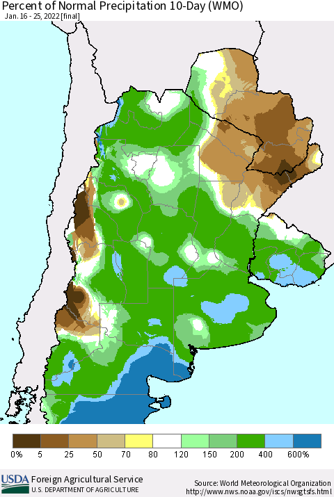 Southern South America Percent of Normal Precipitation 10-Day (WMO) Thematic Map For 1/16/2022 - 1/25/2022