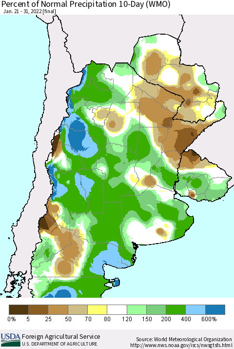 Southern South America Percent of Normal Precipitation 10-Day (WMO) Thematic Map For 1/21/2022 - 1/31/2022