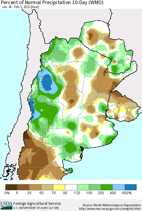 Southern South America Percent of Normal Precipitation 10-Day (WMO) Thematic Map For 1/26/2022 - 2/5/2022