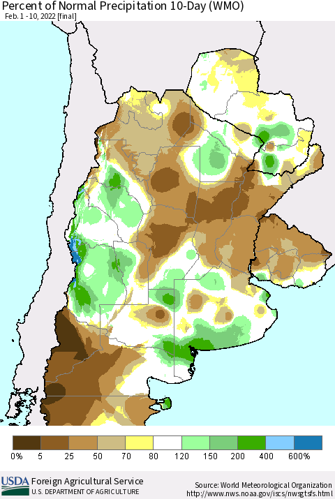 Southern South America Percent of Normal Precipitation 10-Day (WMO) Thematic Map For 2/1/2022 - 2/10/2022