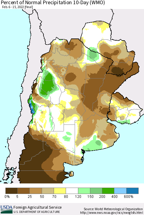 Southern South America Percent of Normal Precipitation 10-Day (WMO) Thematic Map For 2/6/2022 - 2/15/2022