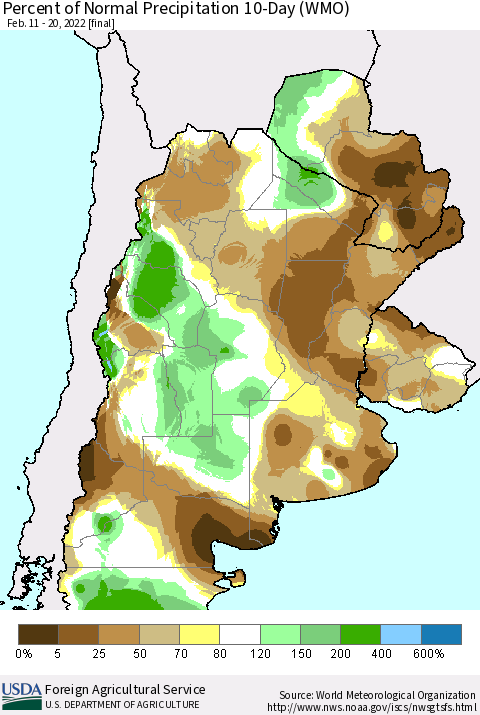 Southern South America Percent of Normal Precipitation 10-Day (WMO) Thematic Map For 2/11/2022 - 2/20/2022