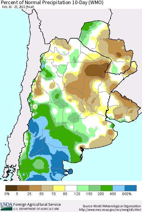 Southern South America Percent of Normal Precipitation 10-Day (WMO) Thematic Map For 2/16/2022 - 2/25/2022