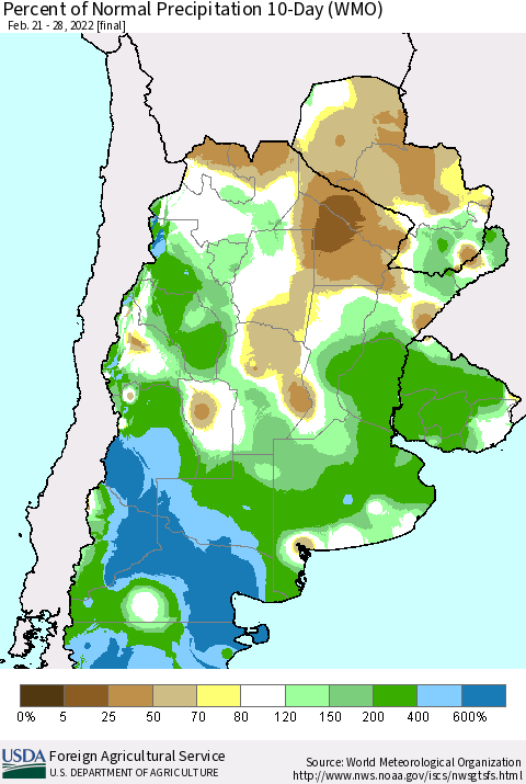 Southern South America Percent of Normal Precipitation 10-Day (WMO) Thematic Map For 2/21/2022 - 2/28/2022