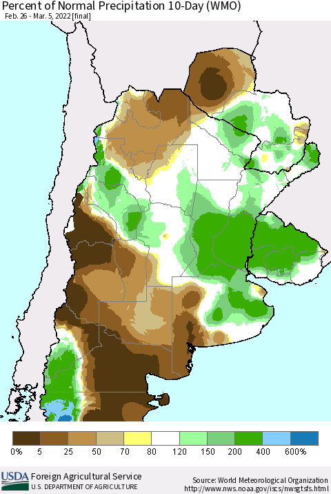 Southern South America Percent of Normal Precipitation 10-Day (WMO) Thematic Map For 2/26/2022 - 3/5/2022