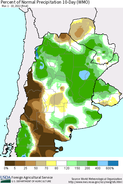 Southern South America Percent of Normal Precipitation 10-Day (WMO) Thematic Map For 3/1/2022 - 3/10/2022