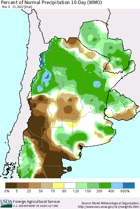 Southern South America Percent of Normal Precipitation 10-Day (WMO) Thematic Map For 3/6/2022 - 3/15/2022