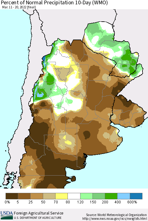 Southern South America Percent of Normal Precipitation 10-Day (WMO) Thematic Map For 3/11/2022 - 3/20/2022