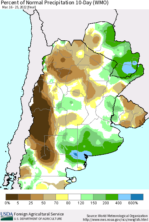 Southern South America Percent of Normal Precipitation 10-Day (WMO) Thematic Map For 3/16/2022 - 3/25/2022