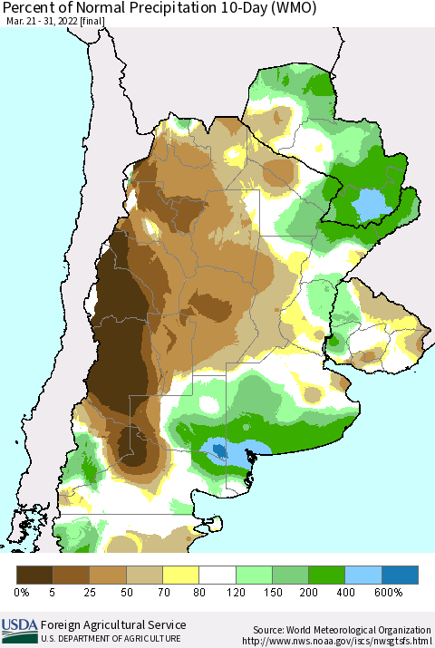Southern South America Percent of Normal Precipitation 10-Day (WMO) Thematic Map For 3/21/2022 - 3/31/2022