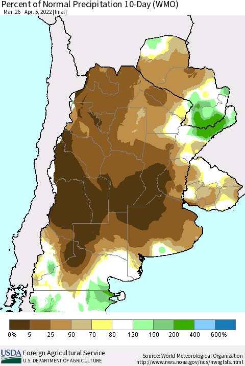 Southern South America Percent of Normal Precipitation 10-Day (WMO) Thematic Map For 3/26/2022 - 4/5/2022