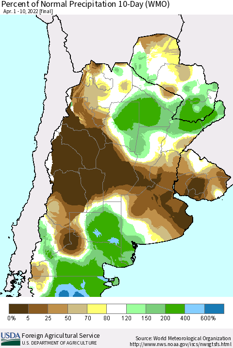 Southern South America Percent of Normal Precipitation 10-Day (WMO) Thematic Map For 4/1/2022 - 4/10/2022