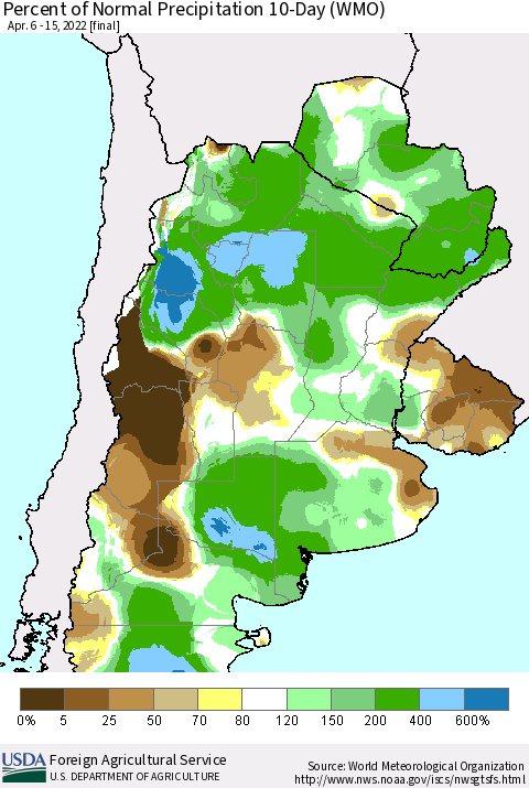 Southern South America Percent of Normal Precipitation 10-Day (WMO) Thematic Map For 4/6/2022 - 4/15/2022