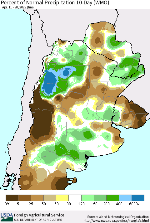 Southern South America Percent of Normal Precipitation 10-Day (WMO) Thematic Map For 4/11/2022 - 4/20/2022