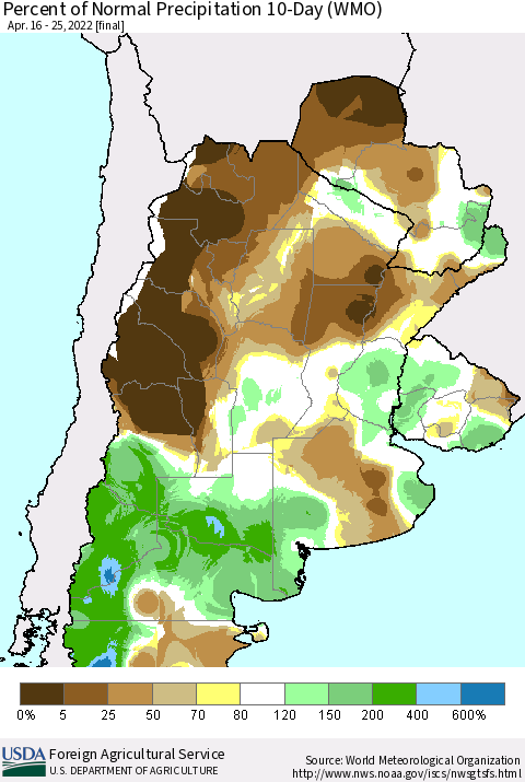 Southern South America Percent of Normal Precipitation 10-Day (WMO) Thematic Map For 4/16/2022 - 4/25/2022