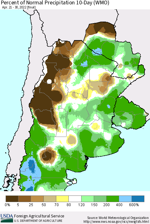 Southern South America Percent of Normal Precipitation 10-Day (WMO) Thematic Map For 4/21/2022 - 4/30/2022