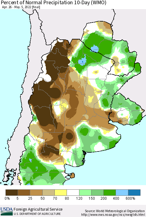 Southern South America Percent of Normal Precipitation 10-Day (WMO) Thematic Map For 4/26/2022 - 5/5/2022