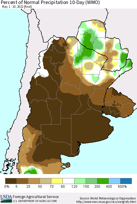 Southern South America Percent of Normal Precipitation 10-Day (WMO) Thematic Map For 5/1/2022 - 5/10/2022