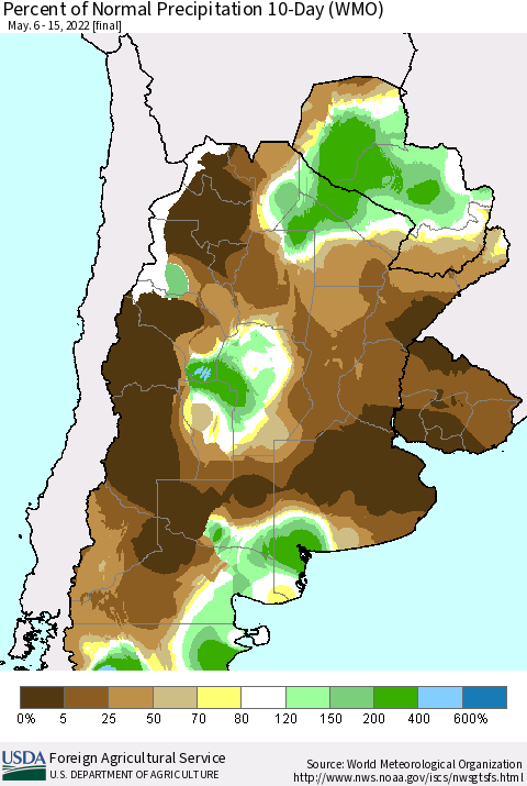 Southern South America Percent of Normal Precipitation 10-Day (WMO) Thematic Map For 5/6/2022 - 5/15/2022