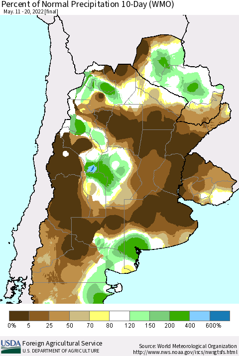 Southern South America Percent of Normal Precipitation 10-Day (WMO) Thematic Map For 5/11/2022 - 5/20/2022