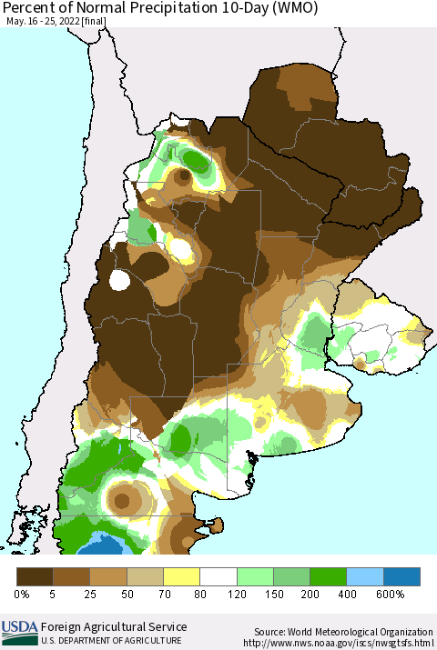 Southern South America Percent of Normal Precipitation 10-Day (WMO) Thematic Map For 5/16/2022 - 5/25/2022