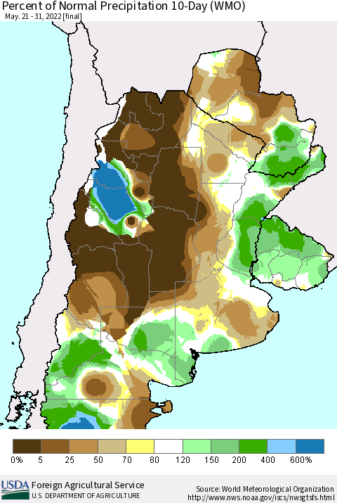 Southern South America Percent of Normal Precipitation 10-Day (WMO) Thematic Map For 5/21/2022 - 5/31/2022
