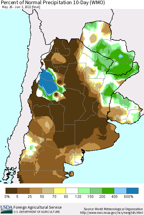 Southern South America Percent of Normal Precipitation 10-Day (WMO) Thematic Map For 5/26/2022 - 6/5/2022