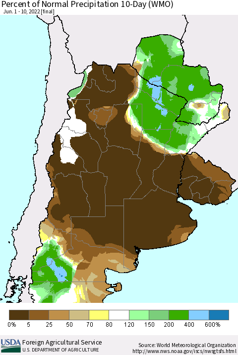 Southern South America Percent of Normal Precipitation 10-Day (WMO) Thematic Map For 6/1/2022 - 6/10/2022
