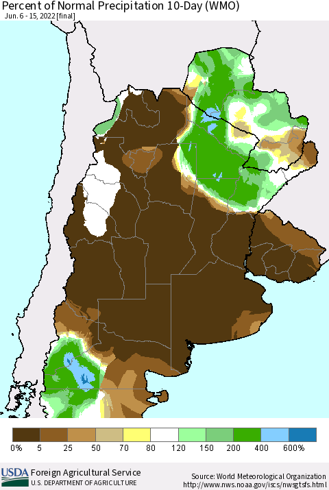 Southern South America Percent of Normal Precipitation 10-Day (WMO) Thematic Map For 6/6/2022 - 6/15/2022
