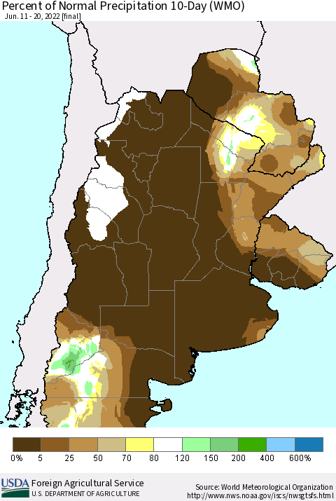 Southern South America Percent of Normal Precipitation 10-Day (WMO) Thematic Map For 6/11/2022 - 6/20/2022