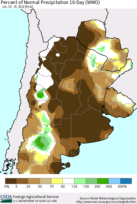 Southern South America Percent of Normal Precipitation 10-Day (WMO) Thematic Map For 6/16/2022 - 6/25/2022